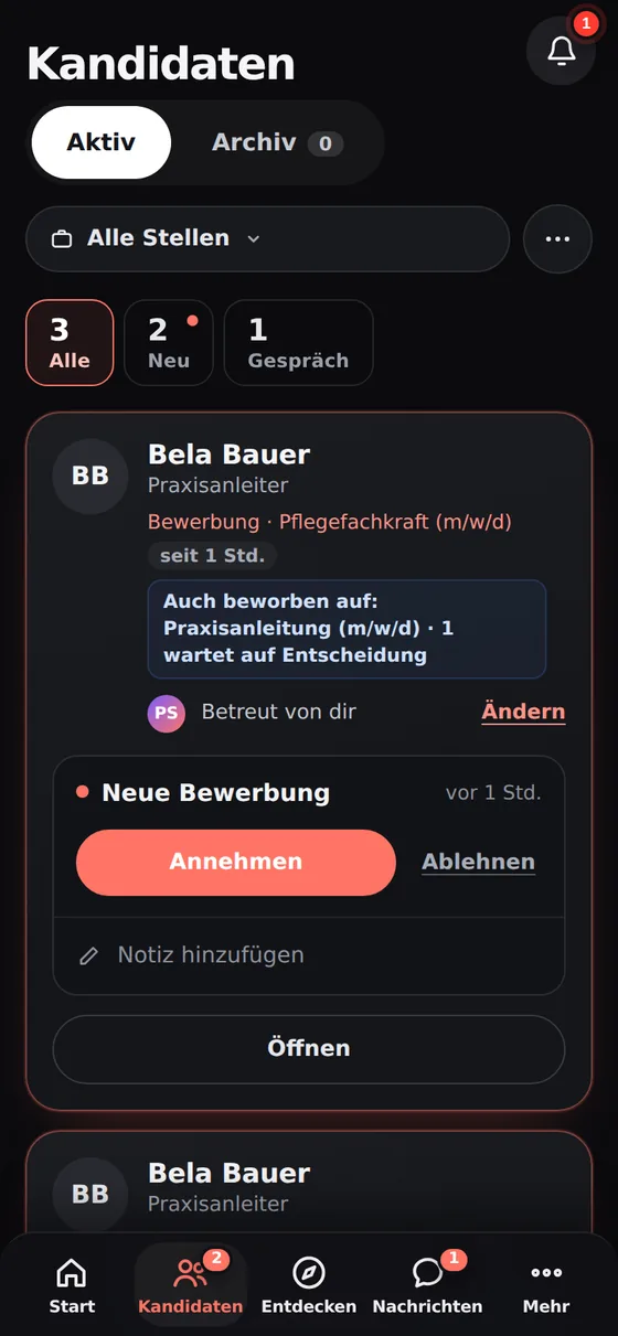 Kandidatenliste in der REEELS-App mit einer neuen Bewerbung (Beispieldaten)