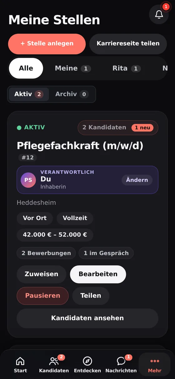 Stellenübersicht in der REEELS-App (Beispieldaten)